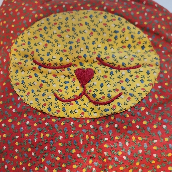 Handmade Red and Yellow Cat Accent Pillow - Floral Patchwork - Picture 4 of 5